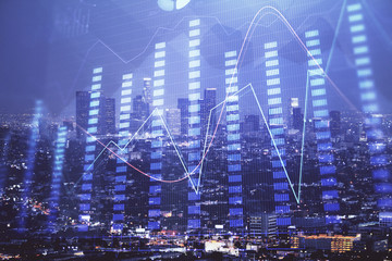 Financial graph on night city scape with tall buildings background double exposure. Analysis concept.