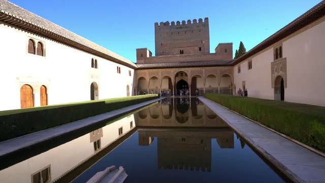 Scenic sight in the "Patio de los Arrayanes" in the Alhambra Palace in Granada. Andalusia, Spain.
