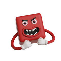 3d render, abstract emotional red face icon, aggressive emoticon clip art isolated on white background. Angry cartoon character illustration, mad scary monster, square emoji, cubic toy