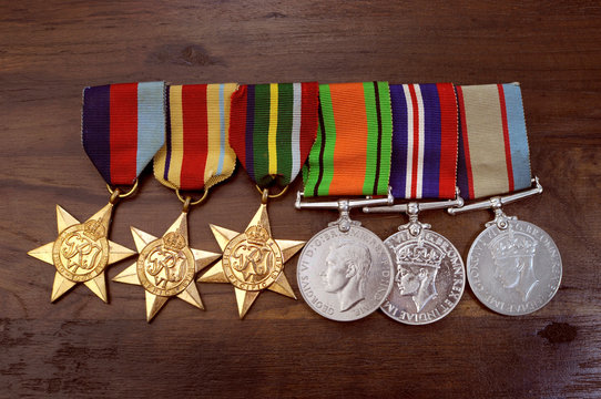 Australian Army World War II medals, 1939 – 1945 Star, The Africa Star, The Pacific Star, The Defence Medal, The 1939 – 1945 Medal and Australian Service Medal. Adelaide, Australia - April 2, 2014.