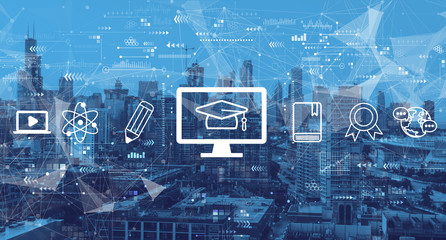 E-learning concept with downtown Chicago cityscape skyscrapers