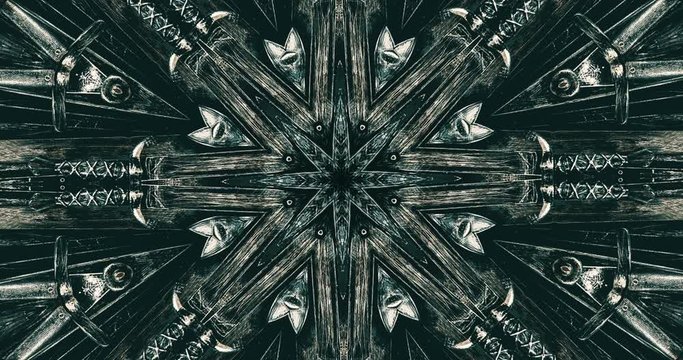 VJ Fractal gold kaleidoscopic background. Dramatic background motion with fractal design. Military concept. Medieval war, swords and battles of knights and kingdoms.