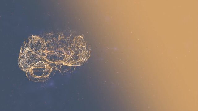 Brainstorming graphic animation with alpha channel. Glittering brain under pressure, scattering up golden particles.