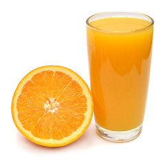 Slice orange fruit and juice isolated on white background. Perfectly retouched, full depth of field on the photo. Creative healthy food concept. Nature, juice. Flat lay, top view