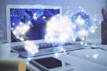 Multi exposure of business theme icons and work space with computer background. Concept of success.