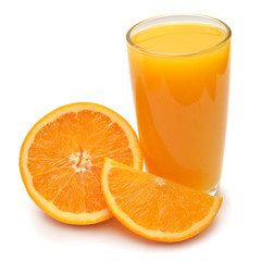 Slice orange fruit and juice isolated on white background. Perfectly retouched, full depth of field on the photo. Creative healthy food concept. Nature, juice. Flat lay, top view