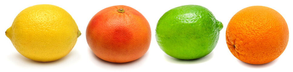 Collection lemon, lime, grapefruit, orange isolated on white background. Creative healthy food concept. Nature, juice. Flat lay, top view