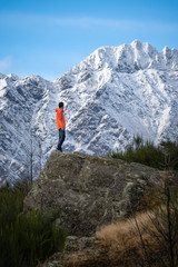 Man looking the mountains. Mountains in New Zealand. Snowy mountains