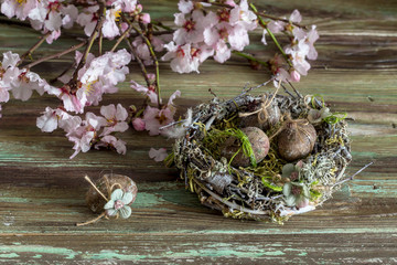 Easter composition with almond branches, nest and eggs