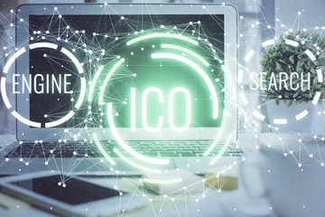 Multi exposure of blockchain and crypto economy theme hologram and table with computer background....
