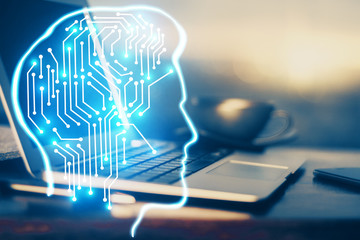 Multi exposure of work space with computer and human brain hologram. Brainstorm concept.