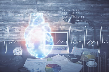 Desktop computer background and heart drawing. Double exposure. Medical study and healthcare concept.