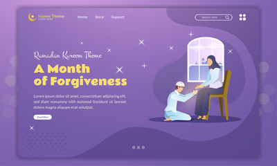 Flat design of apologize to mother for Ramadan Kareem concept on landing page template