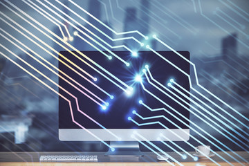 Technology theme drawing and work space with computer. Multi exposure. Concept of innovation.