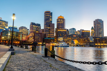 Amazing view of city of Boston during sunset from Seaport harbor Boston USA