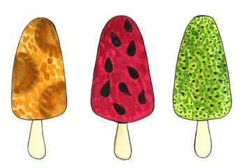 Set of colorful ice cream hand drawn with watercolor. Chocolate and caramel topping, mint, fruit ice cream cones and ice cream scoops.