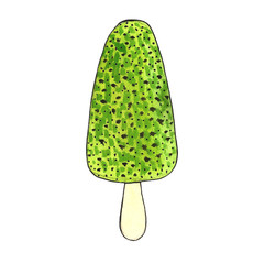 Set of colorful ice cream hand drawn with watercolor. Chocolate and caramel topping, mint, fruit ice cream cones and ice cream scoops.