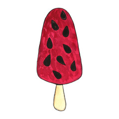 Set of colorful ice cream hand drawn with watercolor. Chocolate and caramel topping, mint, fruit ice cream cones and ice cream scoops.