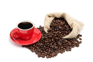 Red coffee cup with black coffee And coffee beans on a white background