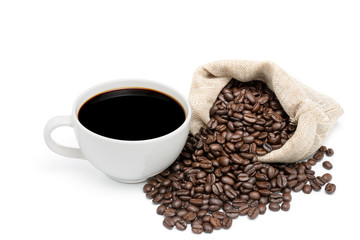 Coffee cup with coffee beans on a white background