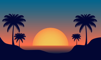 Naklejka na ściany i meble Beach sunset landscape background.Flat vector design