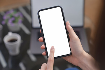 Hand holding blank screen of smartphone and for graphic display montage.