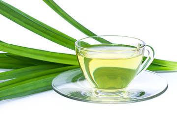 Glass of pandan juice tea with green pandan leaf isolated on white background. Natural herbal plant and healthy drinks concept.