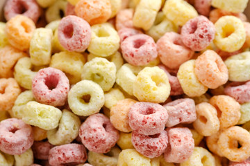 Cereal flakes in bowl with copy space,Breakfast concept.Food with delicious fruity taste and fruity colours.It's made with maize,wheat,and barley