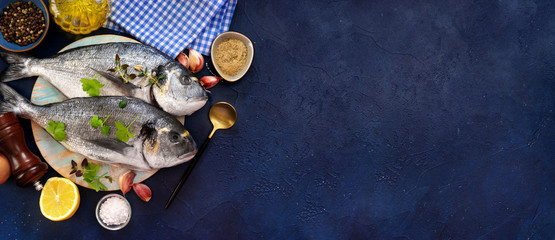 Raw fishes with cooking ingredents on dark blue background
