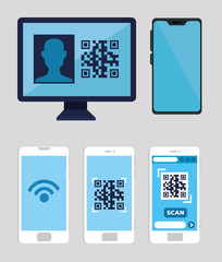 set smartphones and computer with code qr vector illustration design