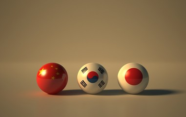 north east  asia countries flag. 3d render of international flagball. world flag ball with modern background.