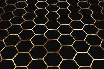 Golden pattern of cells and pentagons on dark background