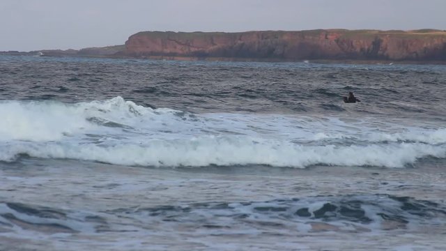 Stormy seas in englands north east coast. Two surfers prepare to hit the waves. High waves. Northumberland. St Abbs Head. SIte of New Asguard in The Avengers Thor MCU.