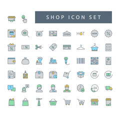 Shop supermarket icon set with filled outline style design.
