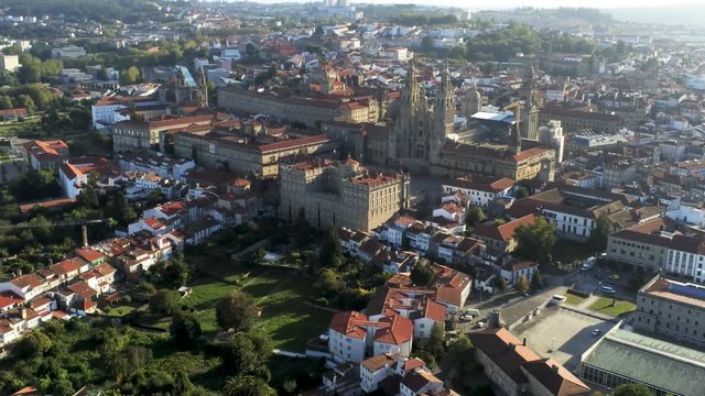 Santiago de Compostela (or Saint James of Compostella) aerial view ,  zoom in. Standing out, the Cathedral of Santiago de Compostela, a leading Catholic pilgrimage.