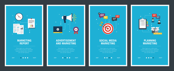 Internet banner set of marketing, social media and planning icons.
