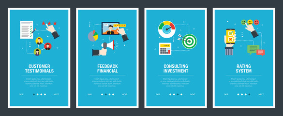 Internet banner set of customer testimonials, rating and feedback financial icons.