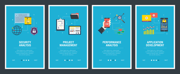 Fototapeta premium Internet banner set of security, project management, performance and application icons.