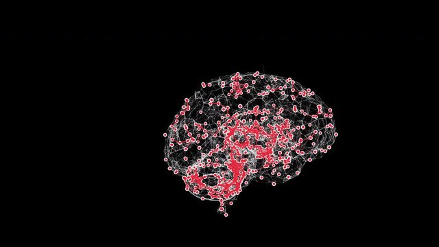 Abstract rotation of human brain full of red bokeh particles showing infected parts.
