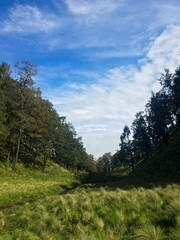 a mas is takig water in the lake for supplies while camping 