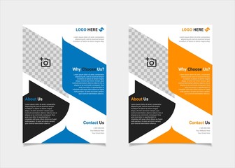 Business flyer template vector design, A4 brochure template blue and amber geometry shapes used for business poster layout, IT Company flyer, corporate banners, and leaflets