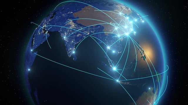 Earth connections. From Asia. Aerial, maritime, ground routes and country borders. Animation of the Earth with bright connections