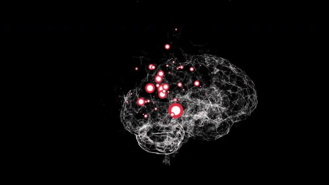 Abstract rotation of human brain with red bokeh particles showing infected parts.