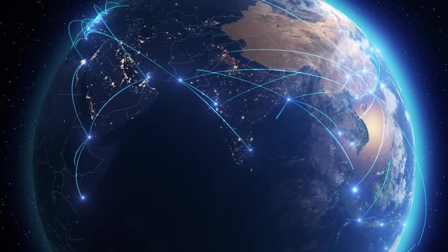 Earth connections. From Europe  to Asia. Aerial, maritime, ground routes and country borders. Animation of the Earth with bright connections