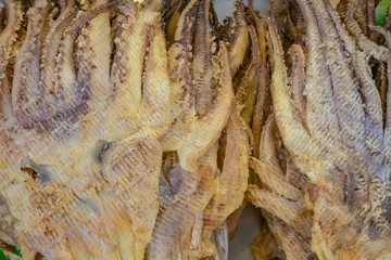 The close up of tasty dried squid seafood snack at fish market in Taipei, Taiwan.