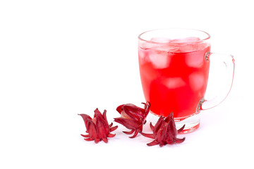 Fresh Roselle fruit (Jamaica sorrel, Rozelle or hibiscus sabdariffa ) and glass of roselle juice tea isolated on white background. 