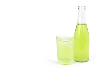 Bottle and glass of pandan juice  isolated on white  background.