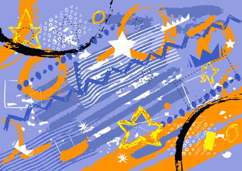 Abstract pattern with blue and orange colored crayon drawn lines, circles, and stars.