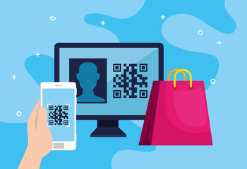 code qr in computer with smartphone and bag shopping vector illustration design