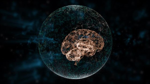 Intellectual property concept. Animated brain floating inside protection sphere over dark background with green blurred plexus.